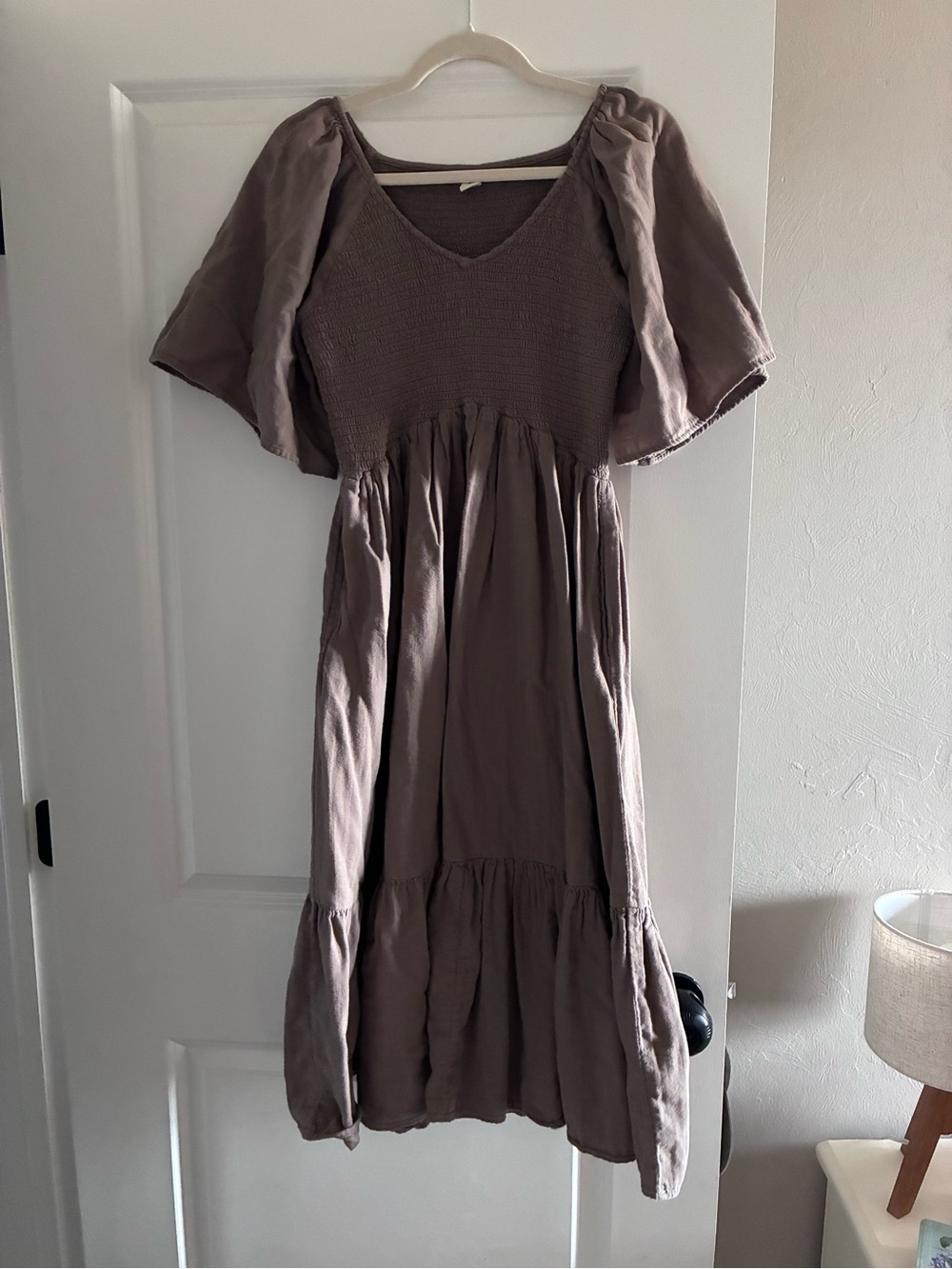 Kate Quinn Taupe Smocked Midi Dress